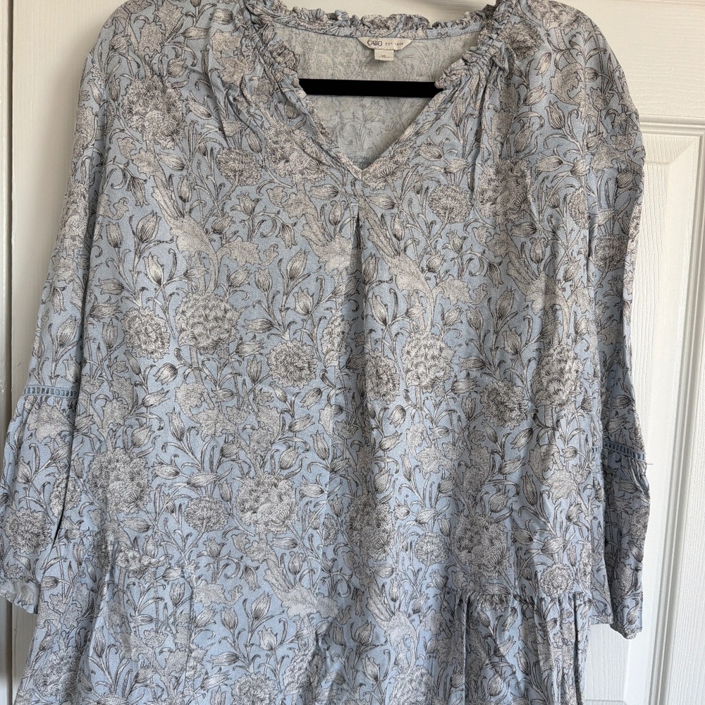 Floral Peasant Blouse XL Blue Gray Boho 3/4 Sleeve Flowy Top